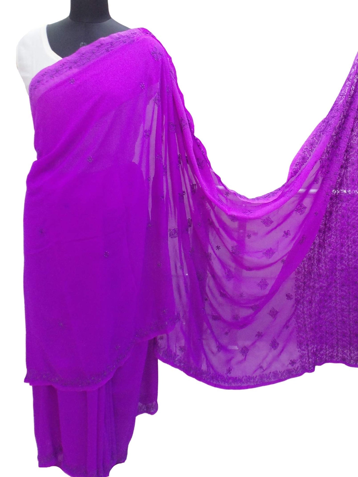 Shyamal Chikan Hand Embroidered Purple Georgette Lucknowi Chikankari Shaded Saree With Blouse Piece - S3934