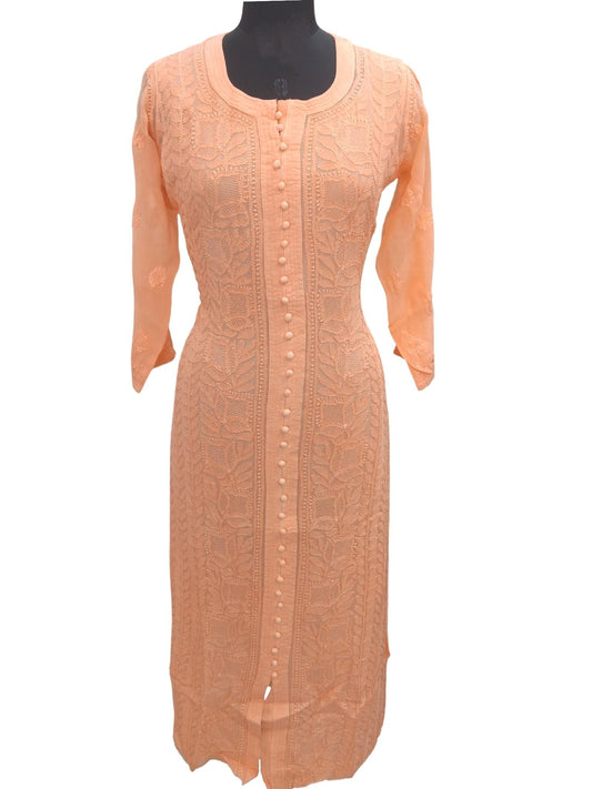 Shyamal Chikan Hand Embroidered Peach Viscose Georgette Lucknowi Chikankari Kurti- S4632