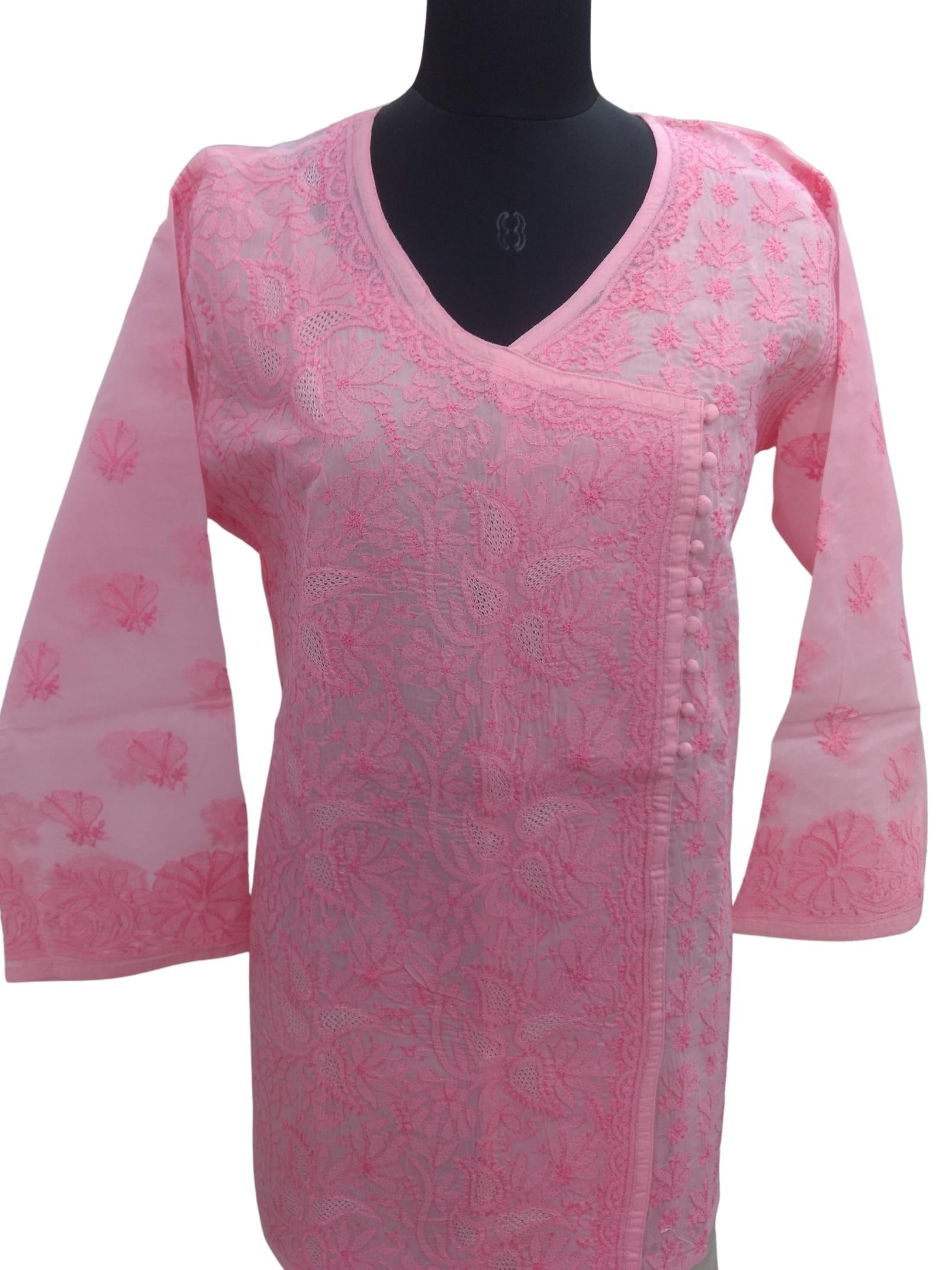 Shyamal Chikan Hand Embroidered Pink Cotton Lucknowi Chikankari Angrakha Pattern Short Top With Jaali Work - S7879