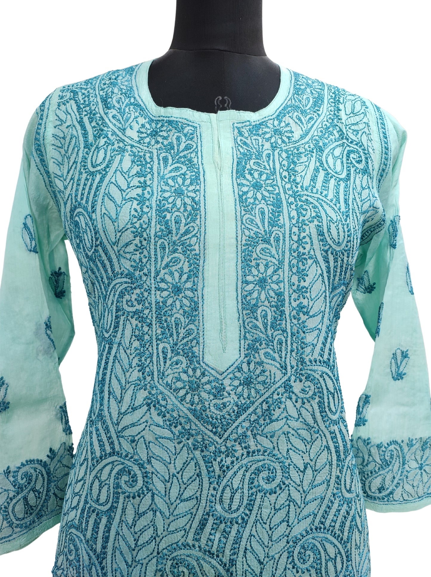 Shyamal Chikan Hand Embroidered Blue Pure Tusser Silk Lucknowi Chikankari Kurti- S12668