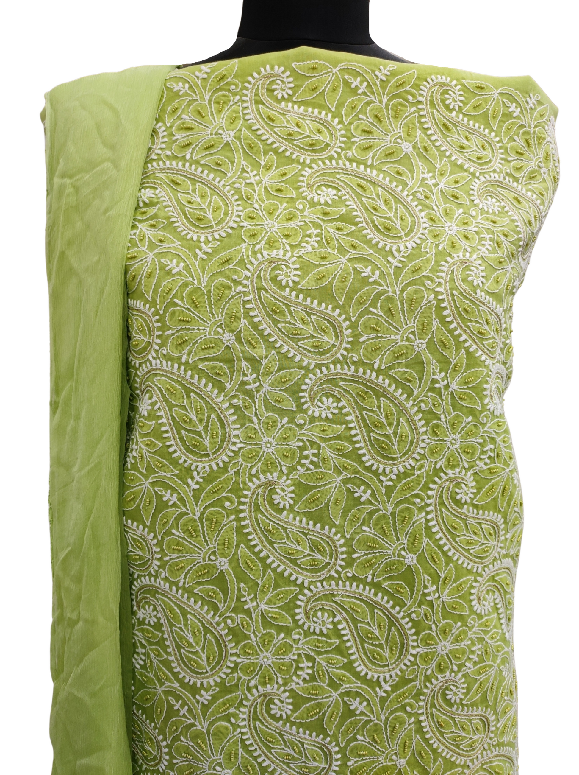 Shyamal Chikan Hand Embroidered Green Cotton Lucknowi Chikankari Unstitched Suit Piece With Pearl Work - S10037 - Shyamal Chikan