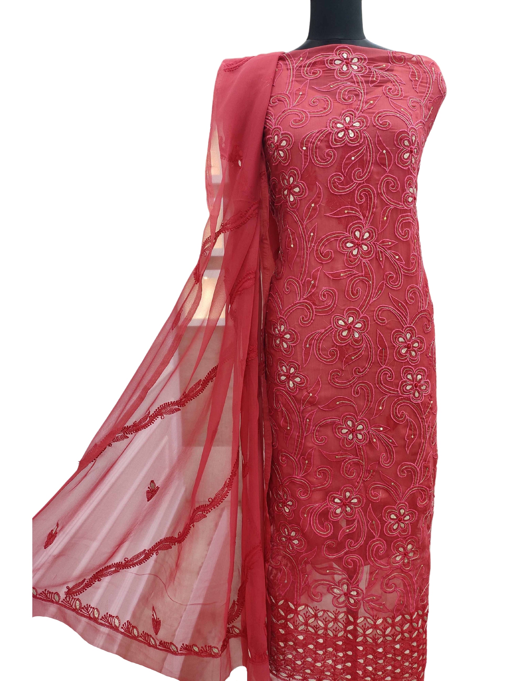 Shyamal Chikan Hand Embroidered Red Georgette Lucknowi Chikankari Unstitched Suit Piece With Gotta Patti Work - S4423