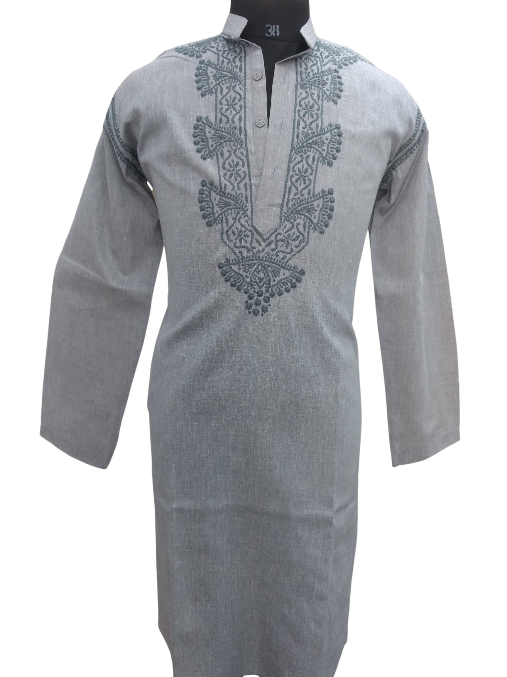 Shyamal Chikan Hand Embroidered Grey Cotton Lucknowi Chikankari Men's Kurta – S6841