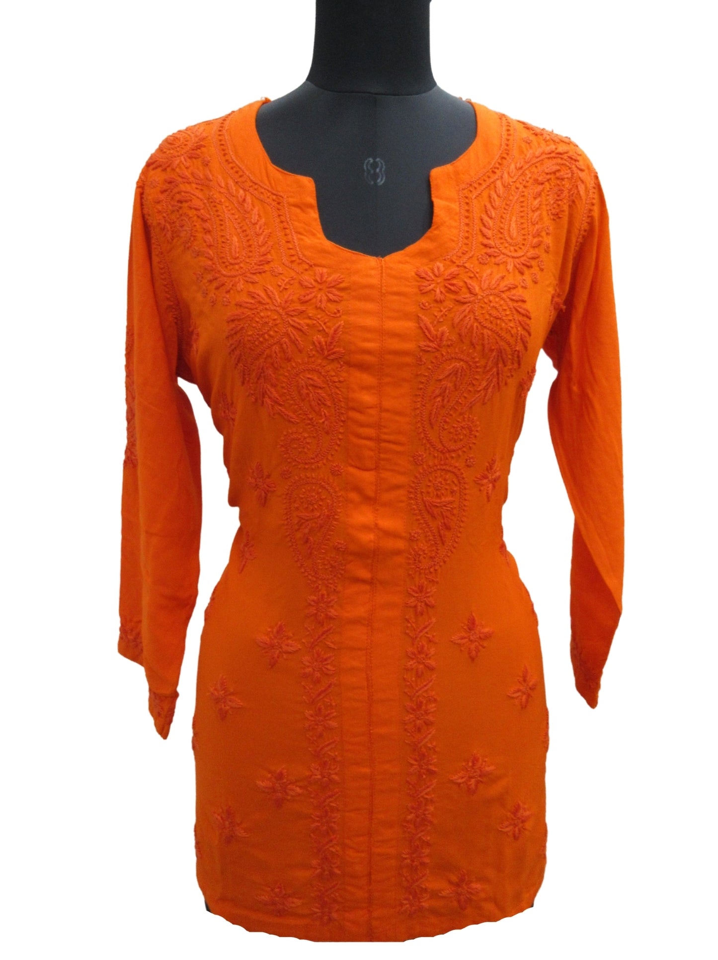 Shyamal Chikan Hand Embroidered Orange Rayon Cotton Lucknowi Chikankari Short Top- S5846