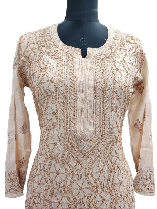 Shyamal Chikan Hand Embroidered Beige Pure Tusser Silk Lucknowi Chikankari Kurti- S14879