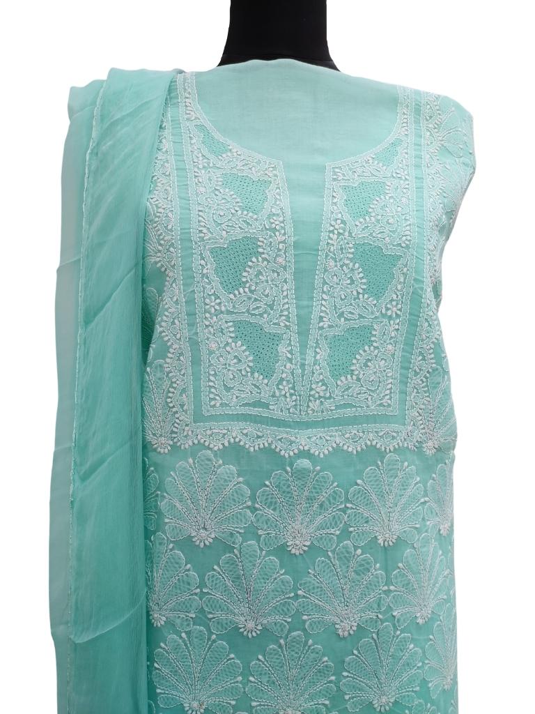Shyamal Chikan Hand Embroidered Sea Green Cotton Lucknowi Chikankari Unstitched Suit Piece- S14573