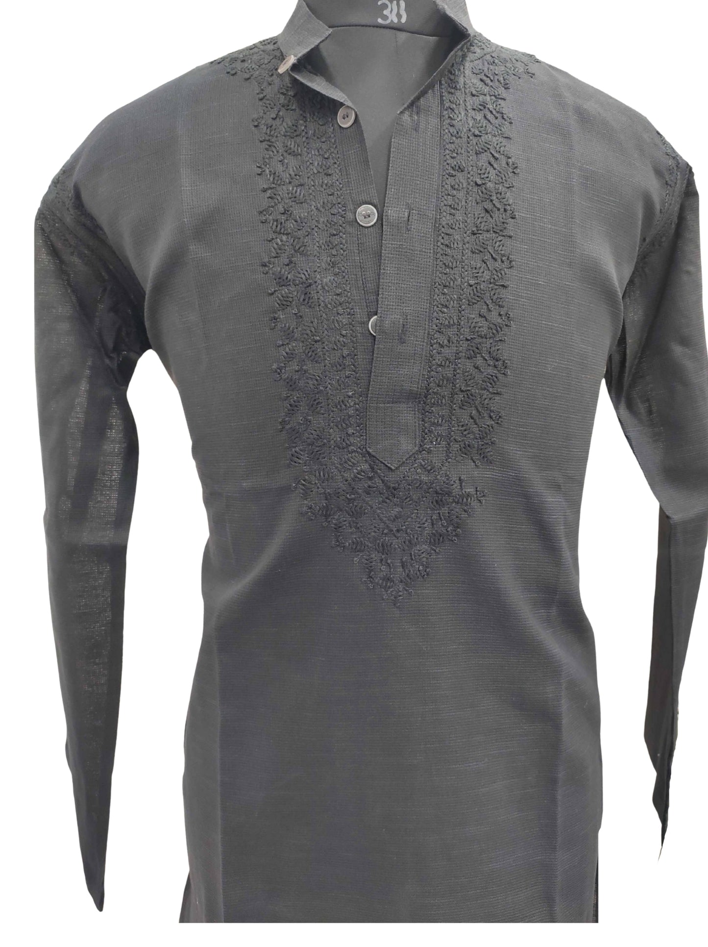 Shyamal Chikan Hand Embroidered Black Cotton Lucknowi Chikankari Men's Kurta – S11857