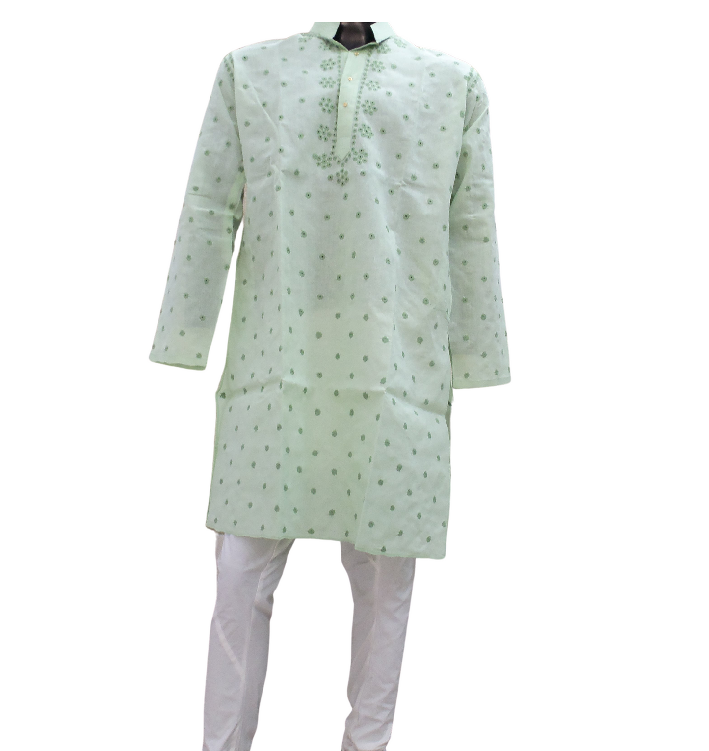  Shyamal Chikan Embroidered Green Cotton Lucknowi Chikankari Men's Kurta – S1328