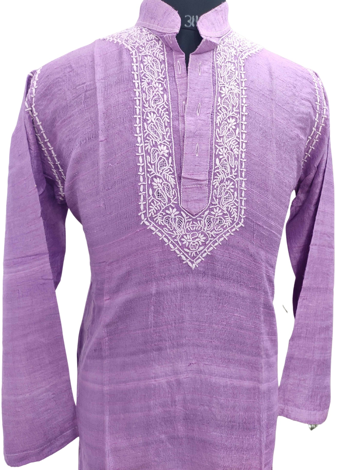 Shyamal Chikan Hand Embroidered Purple Silk Lucknowi Chikankari Men's Kurta – S11767