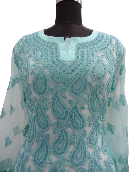 Shyamal Chikan Hand Embroidered Sea Green Georgette Lucknowi Chikankari All-Over Kurti - S3591