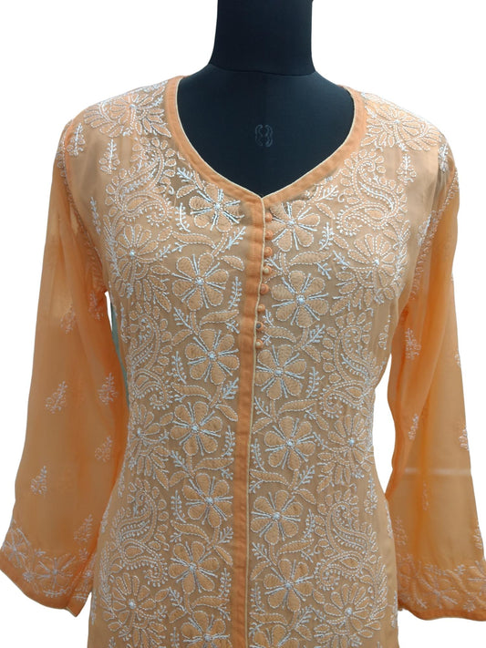 Shyamal Chikan Hand Embroidered Peach Georgette Lucknowi Chikankari Kurti - S8161