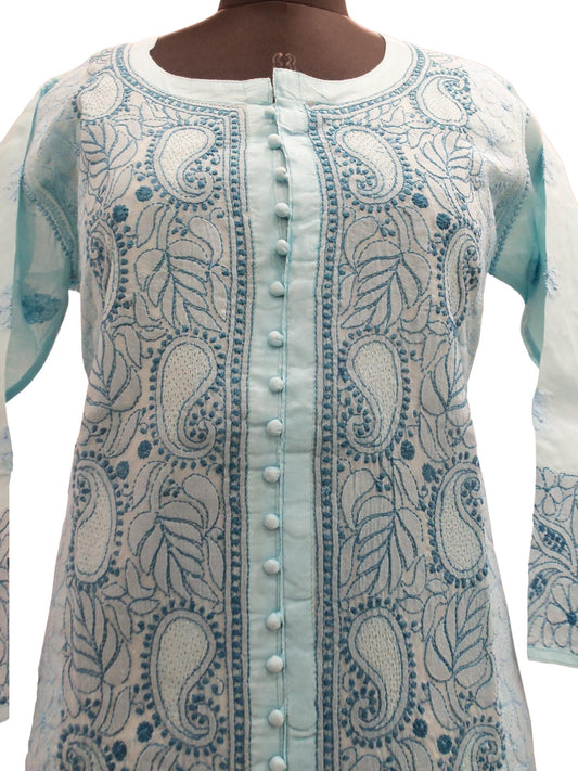 Shyamal Chikan Hand Embroidered Blue Cotton Lucknowi Chikankari Kurti With Jaali Work- S1474