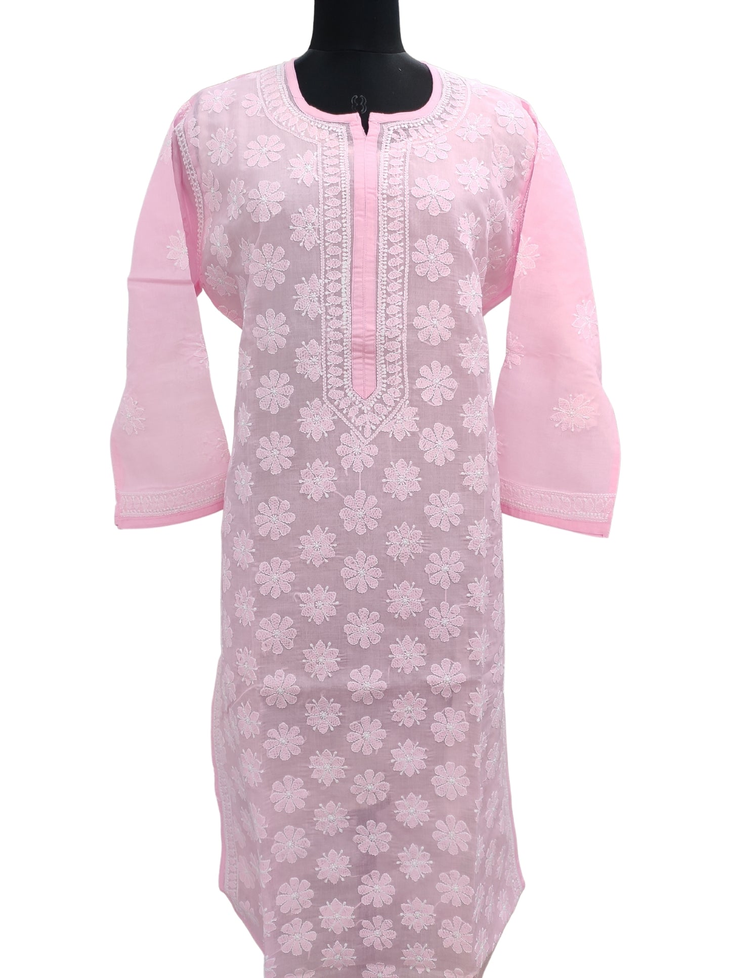 Shyamal Chikan Hand Embroidered Pink Cotton Lucknowi Chikankari Kurti- S12307