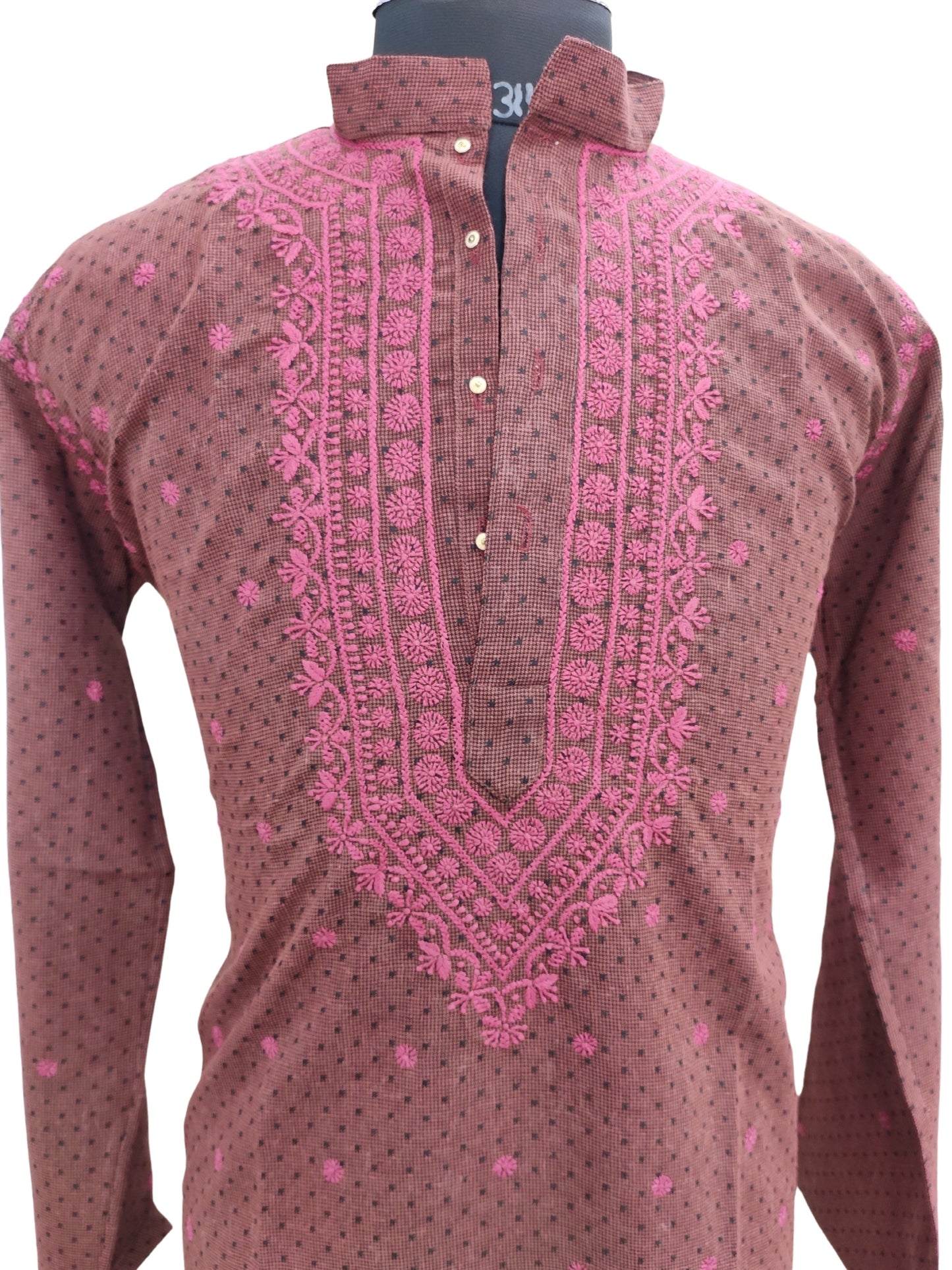 Shyamal Chikan Hand Embroidered Pink Cotton Lucknowi Chikankari Men's Kurta – S4250