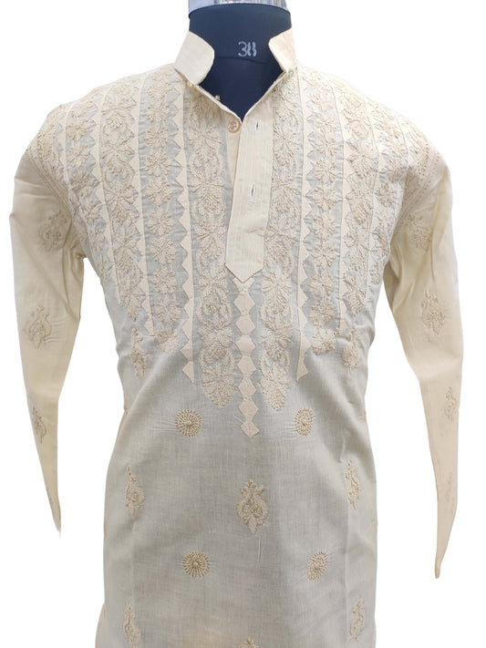 Shyamal Chikan Hand Embroidered Beige Cotton Lucknowi Chikankari Men's Kurta With Daraz Work – S11784