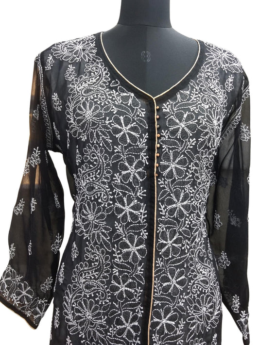 Shyamal Chikan Hand Embroidered Black Georgette Lucknowi Chikankari Kurti - S8165