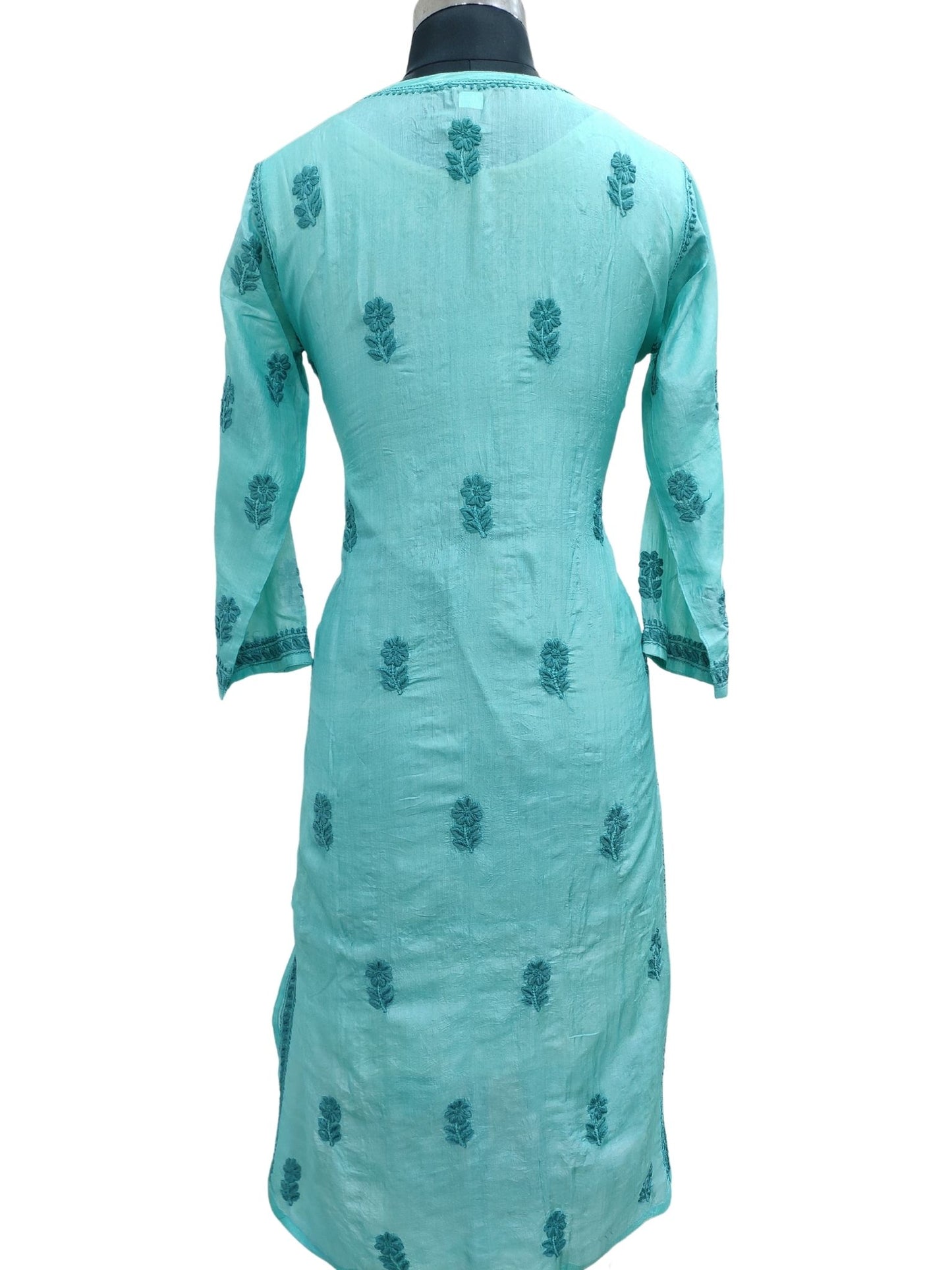 Shyamal Chikan Hand Embroidered Sea Green Pure Tusser Silk Lucknowi Chikankari Kurti- S18787
