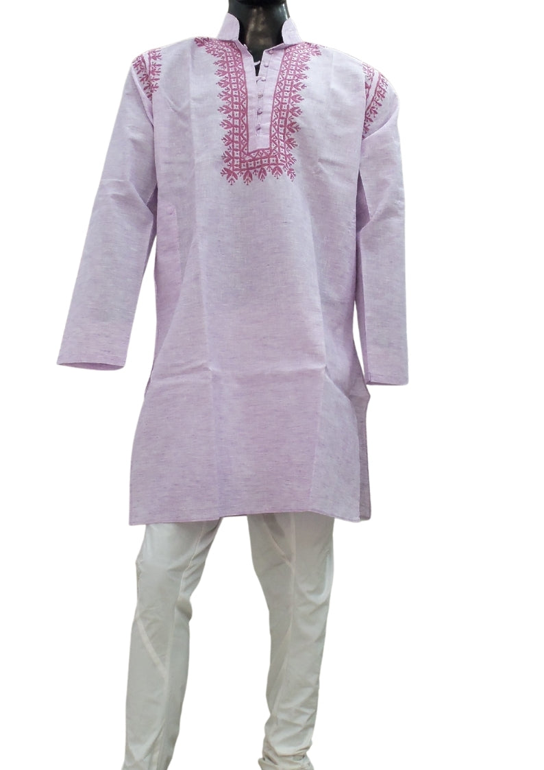 Shyamal Chikan Embroidered Pink Cotton Lucknowi Chikankari Men's Kurta – S1369