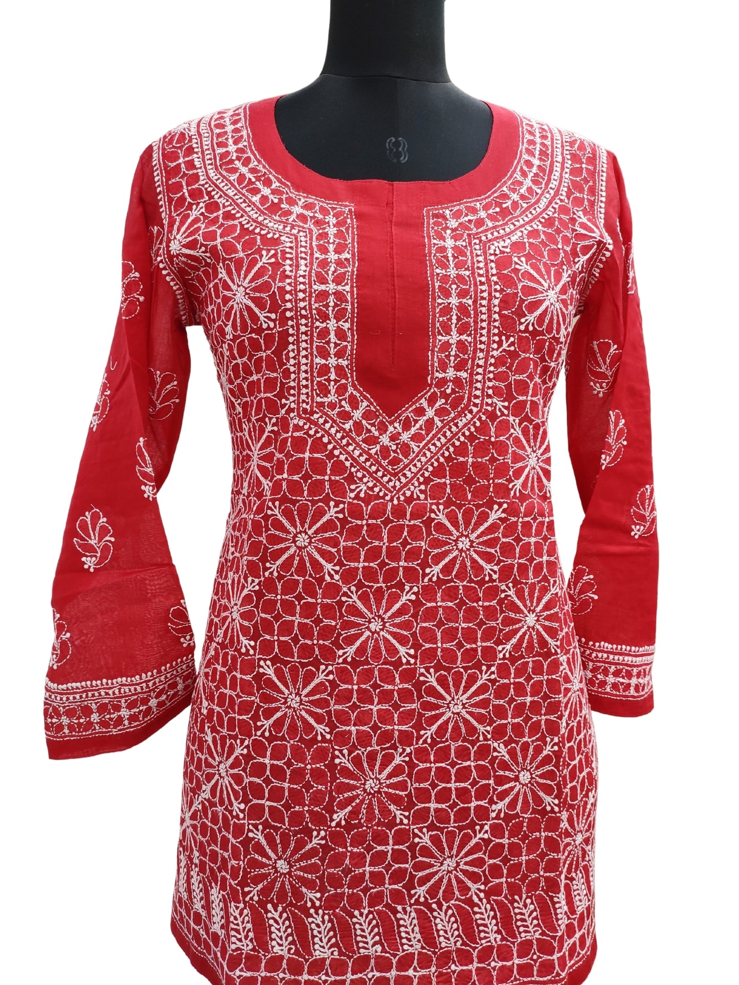 Shyamal Chikan Hand Embroidered Red Cotton Lucknowi Chikankari Short Top- S11279