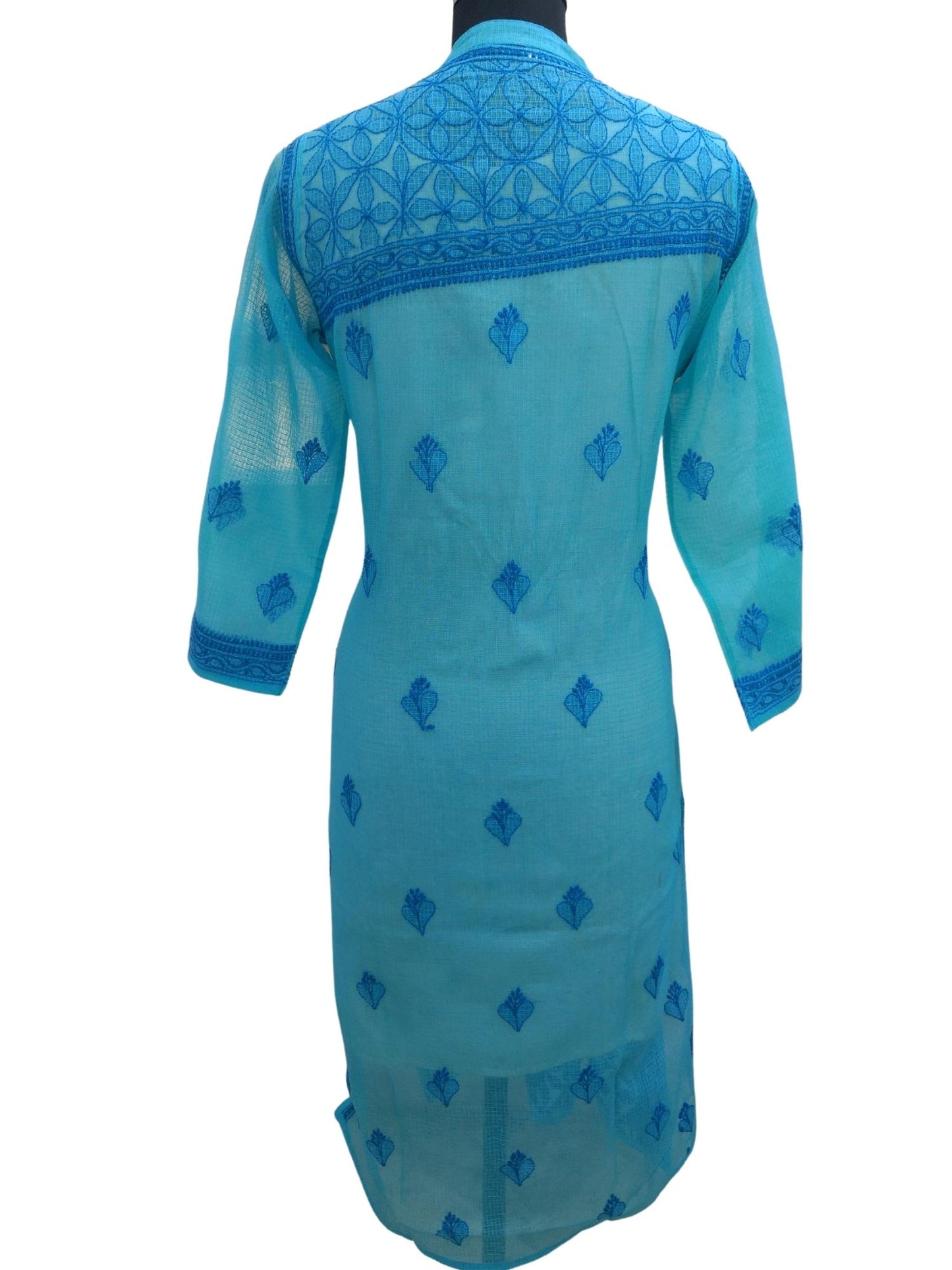 Shyamal Chikan Hand Embroidered Blue Kota Cotton Lucknowi Angrakha Pattern Chikankari Kurti- S6492