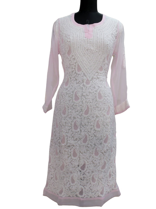 Shyamal Chikan Hand Embroidered Pink Georgette Lucknowi Chikankari Kurti With Jaali Work - S396