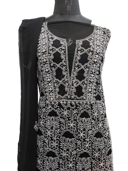 Shyamal Chikan Hand Embroidered Black Georgette Lucknowi Chikankari Unstitched Suit Piece With Jaali Work - S19986