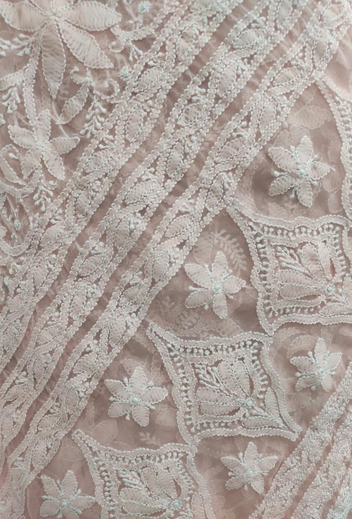Shyamal Chikan Hand Embroidered Peach Georgette Lucknowi Chikankari Full Jaal Saree With Blouse Piece - S11689