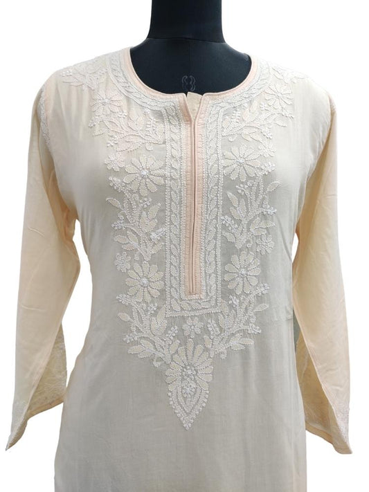 Shyamal Chikan Hand Embroidered Light Peach Modal Cotton Lucknowi Chikankari Kurti  - S13538