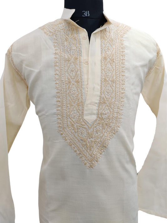 Shyamal Chikan Hand Embroidered Fawn Cotton Lucknowi Chikankari Men's Kurta – S18581