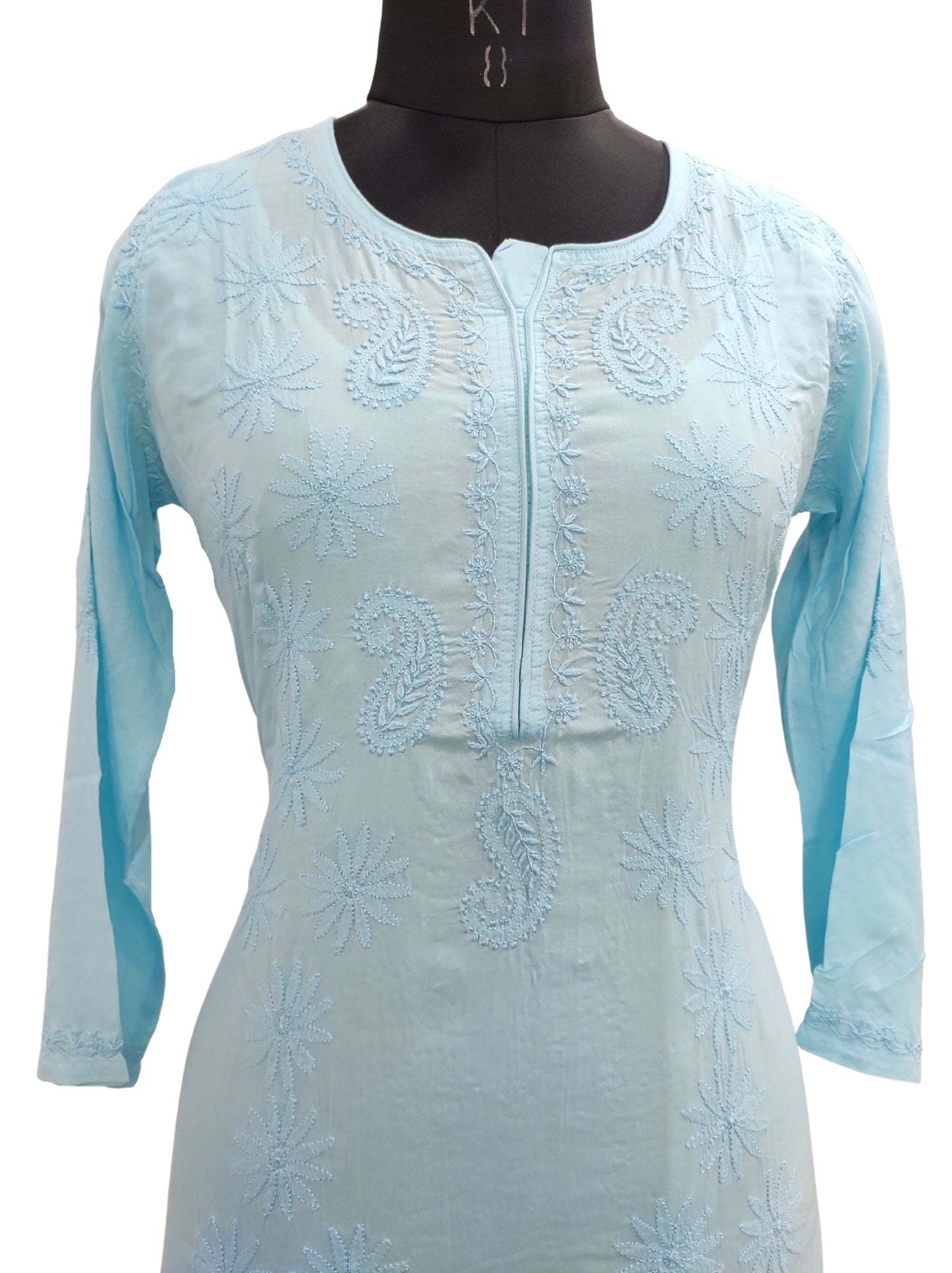 Shyamal Chikan Hand Embroidered Blue Modal Cotton Lucknowi Chikankari Kurti- S13543