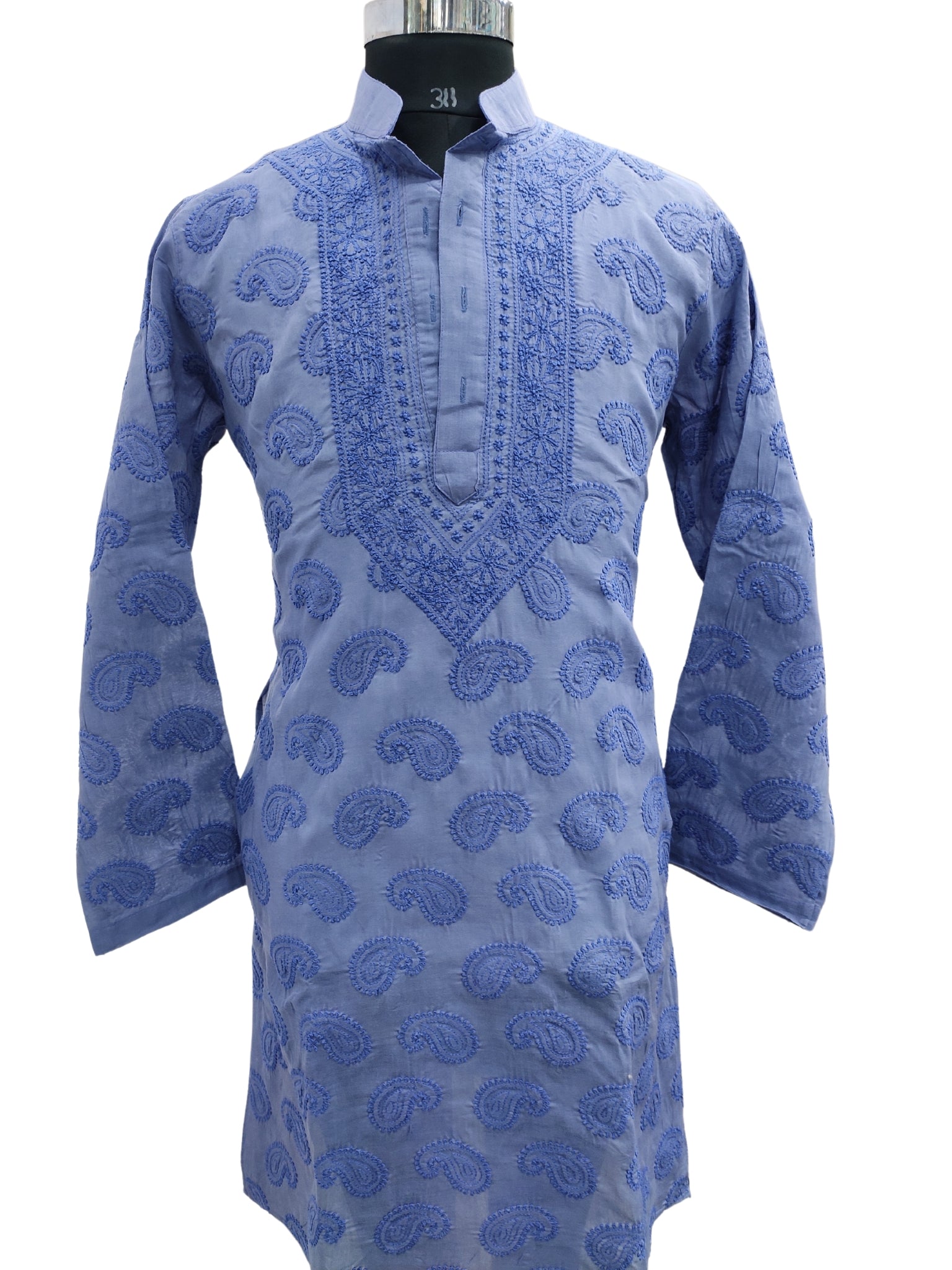 Shyamal Chikan Hand Embroidered Blue Cotton Lucknowi Chikankari All-Over Men's Kurta – S17291