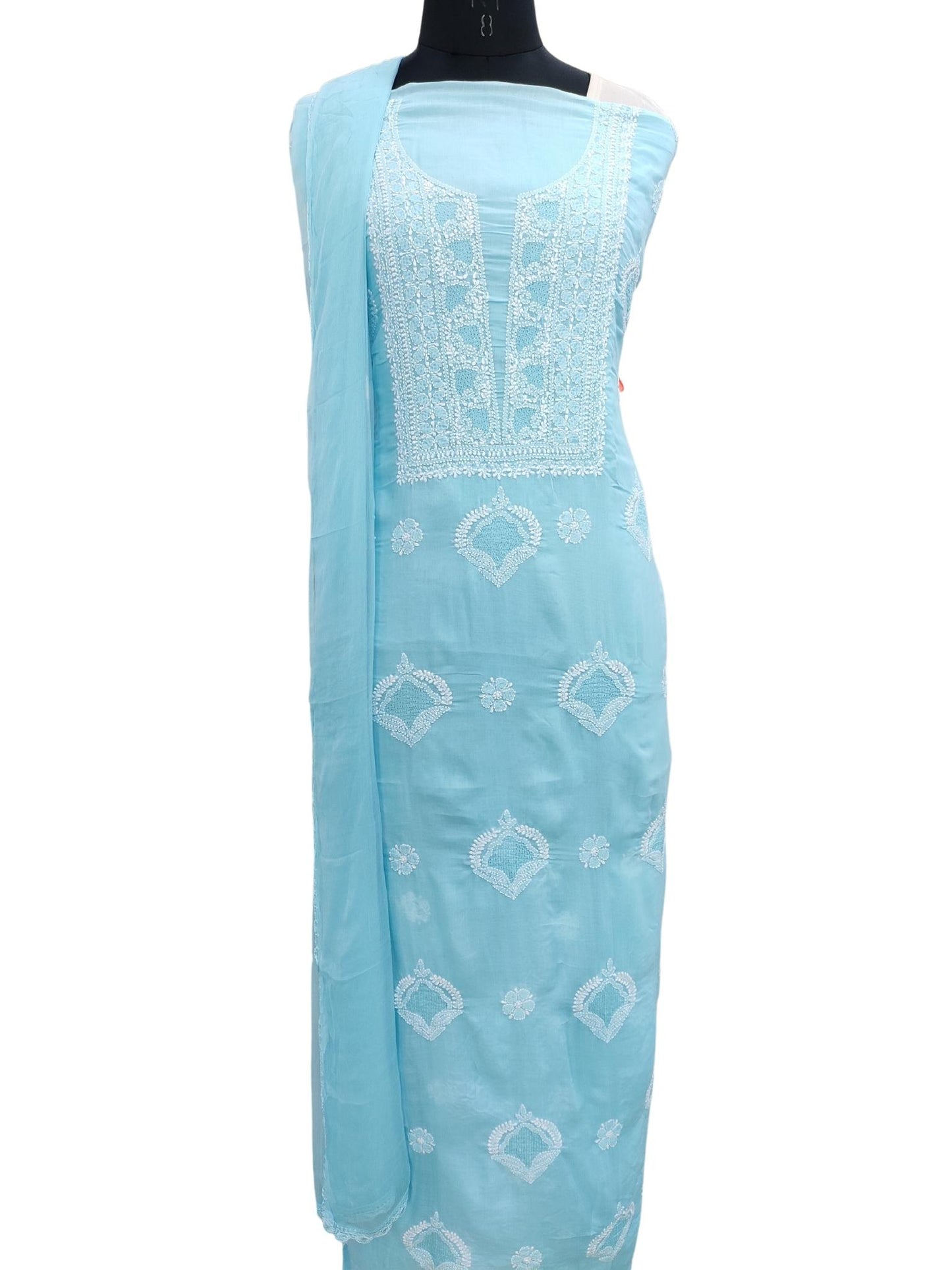Shyamal Chikan Hand Embroidered Blue Cotton All-Over Lucknowi Chikankari Unstitched Suit Piece With Jaali Work - S18222