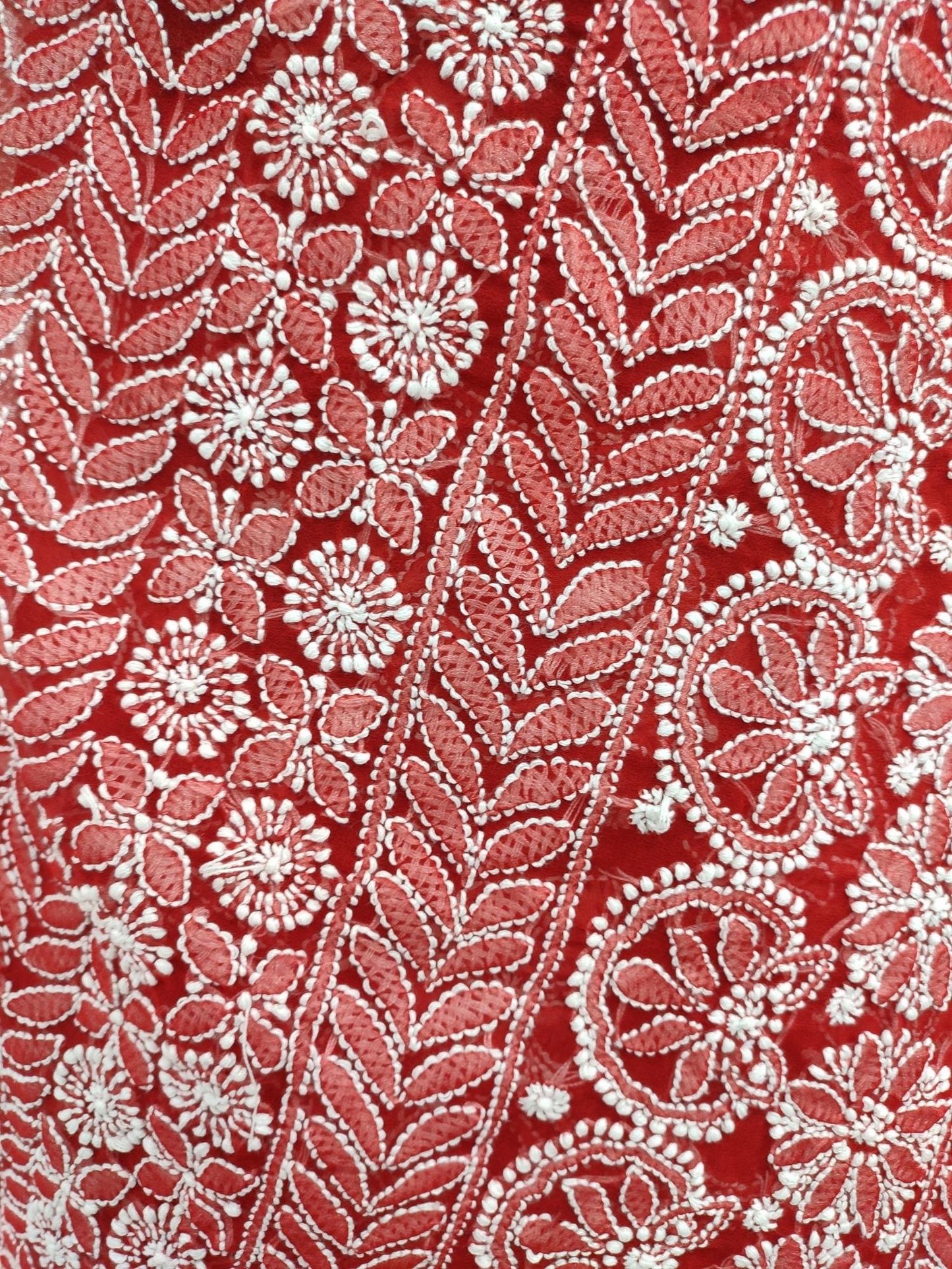 Shyamal Chikan Hand Embroidered Red Georgette Lucknowi Chikankari Shoulder Jaal Saree With Blouse Piece - S13649