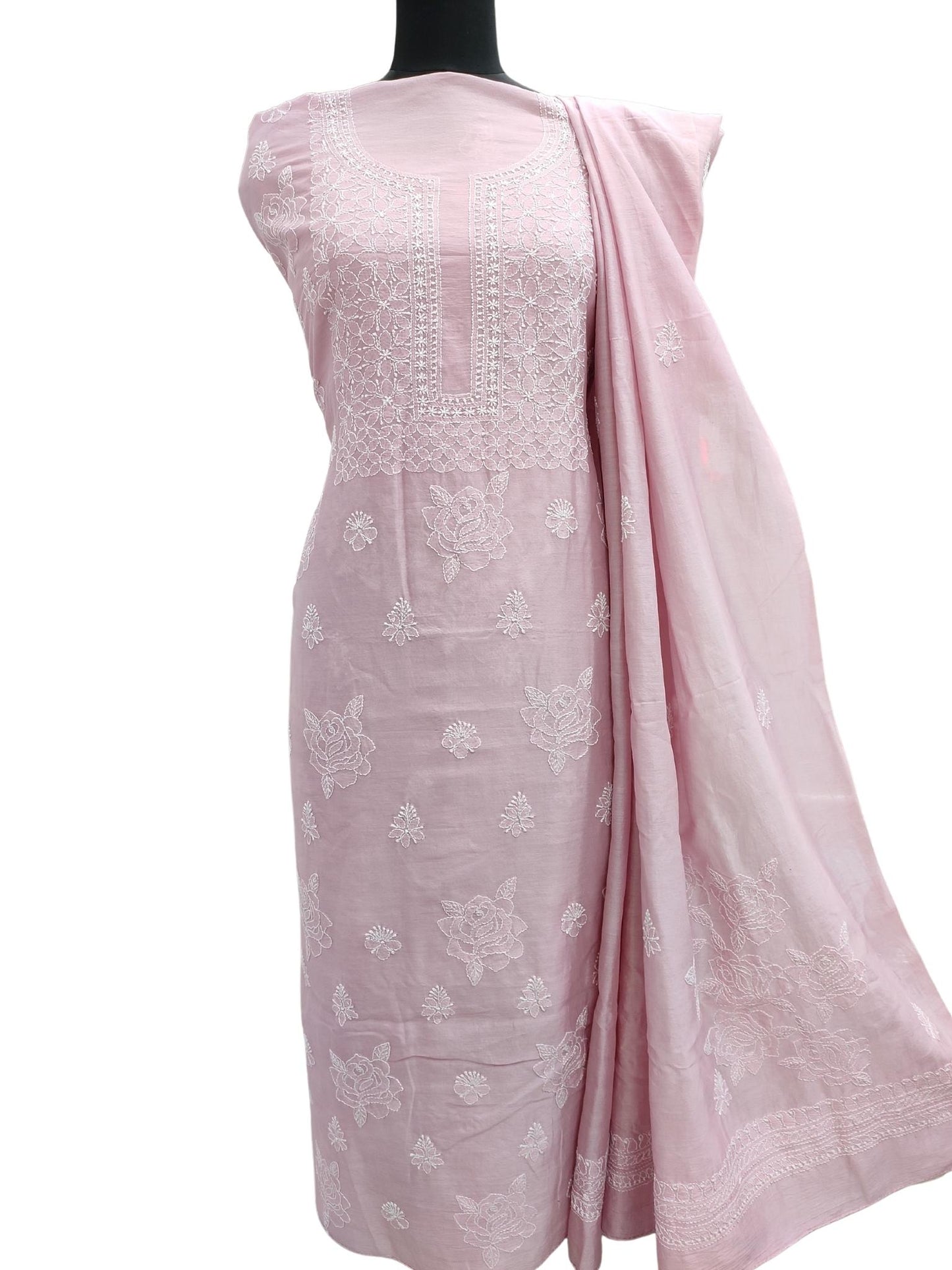 Shyamal Chikan Hand Embroidered Onion Pink Pure Chanderi Silk Lucknowi Chikankari Unstitched Suit Piece ( Set of 2 ) - S16057