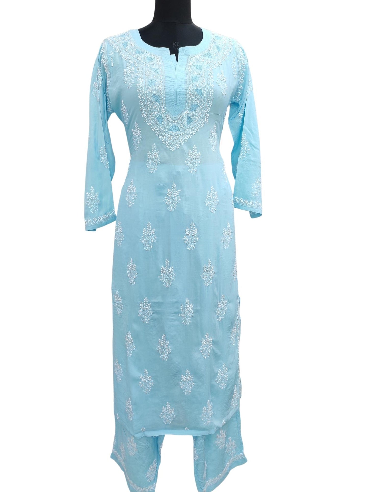 Shyamal Chikan Hand Embroidered Blue Modal Lucknowi Chikankari Kurta and Bottom Set - S16237