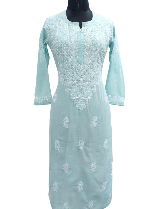 Shyamal Chikan Hand Embroidered Blue Cotton Lucknowi Chikankari Kurti - S18069