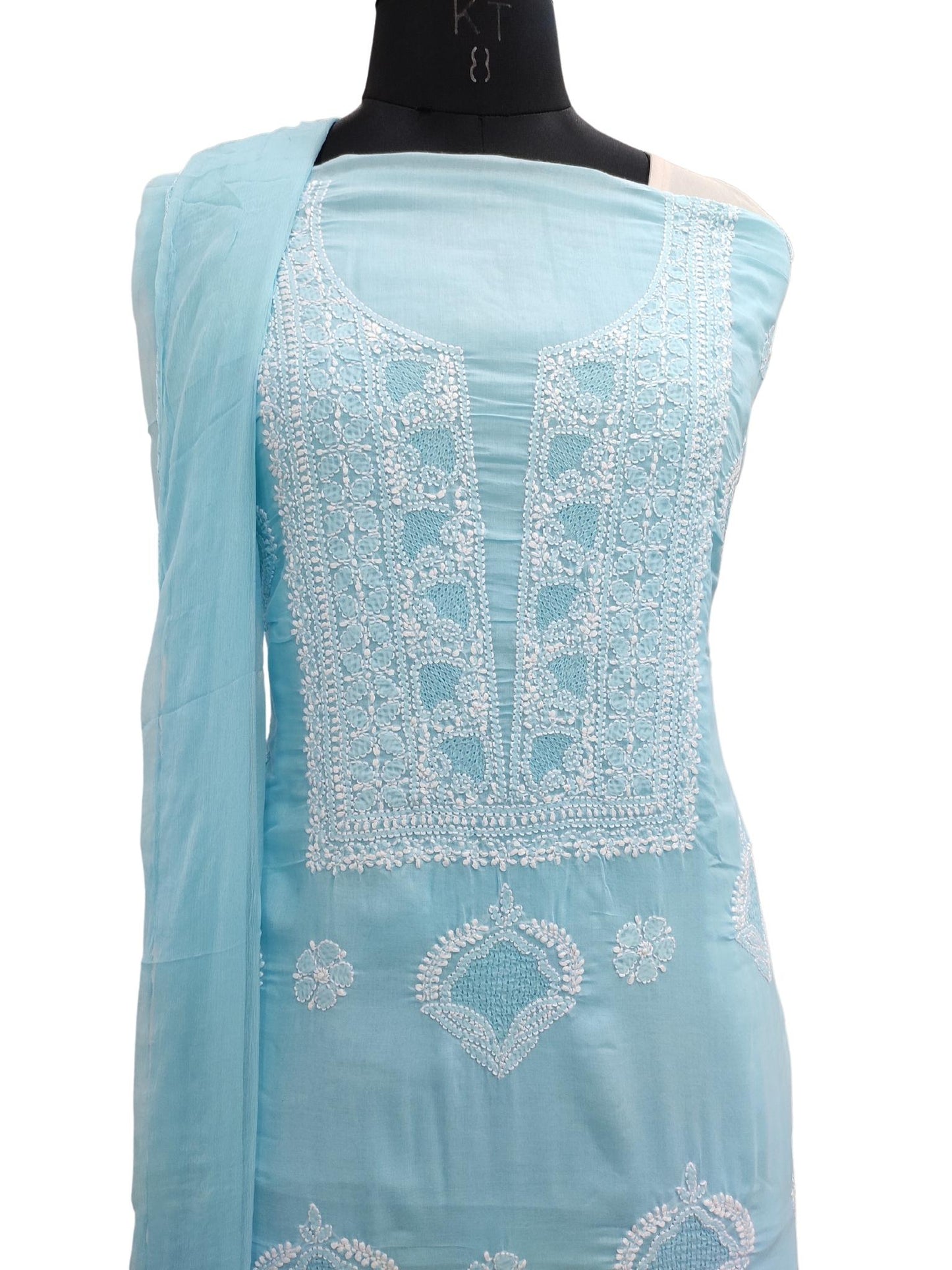 Shyamal Chikan Hand Embroidered Blue Cotton All-Over Lucknowi Chikankari Unstitched Suit Piece With Jaali Work - S18222