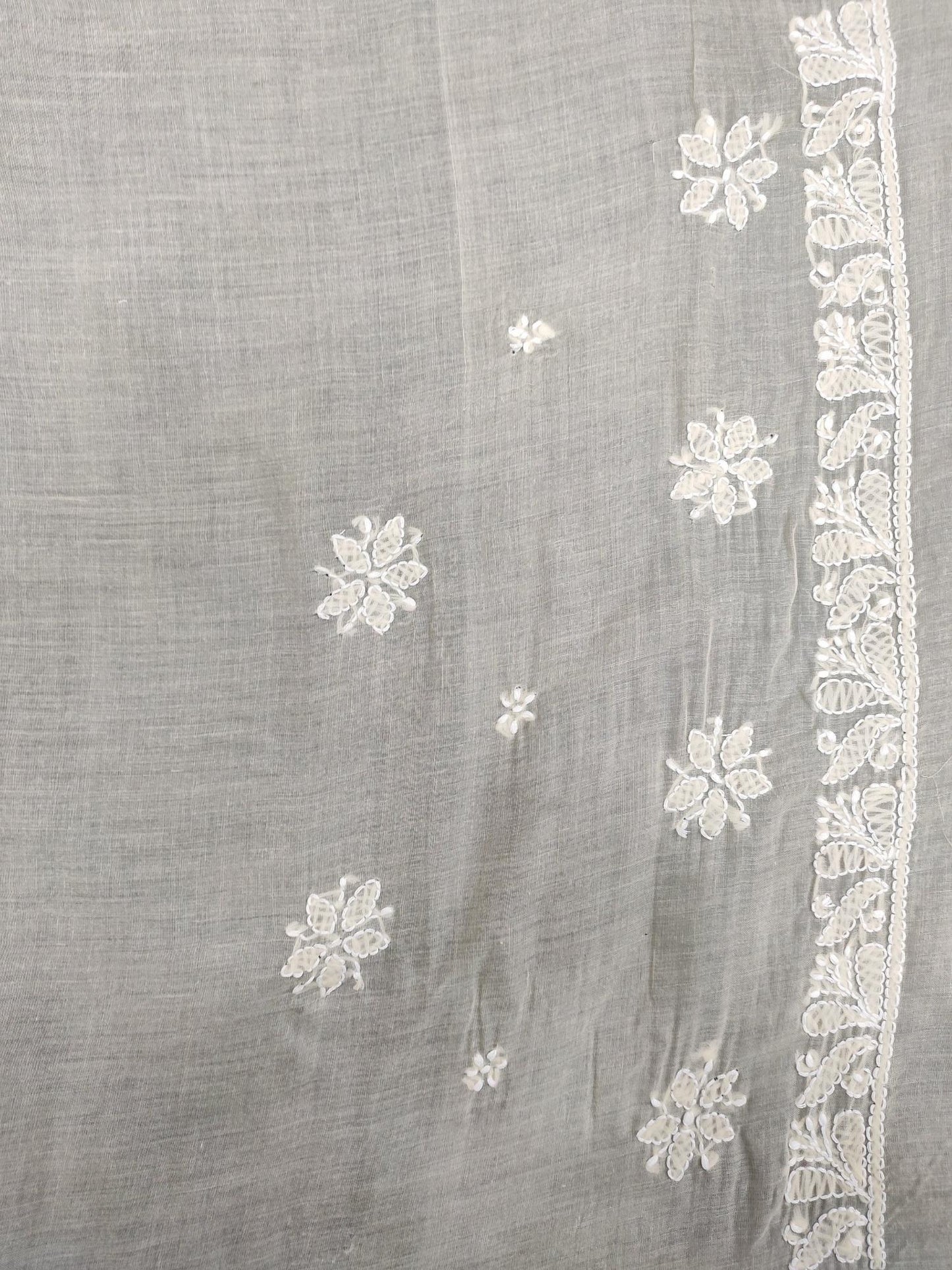 Shyamal Chikan Hand Embroidered Beige Cotton Lucknowi Chikankari Saree With Blouse Piece- S13479