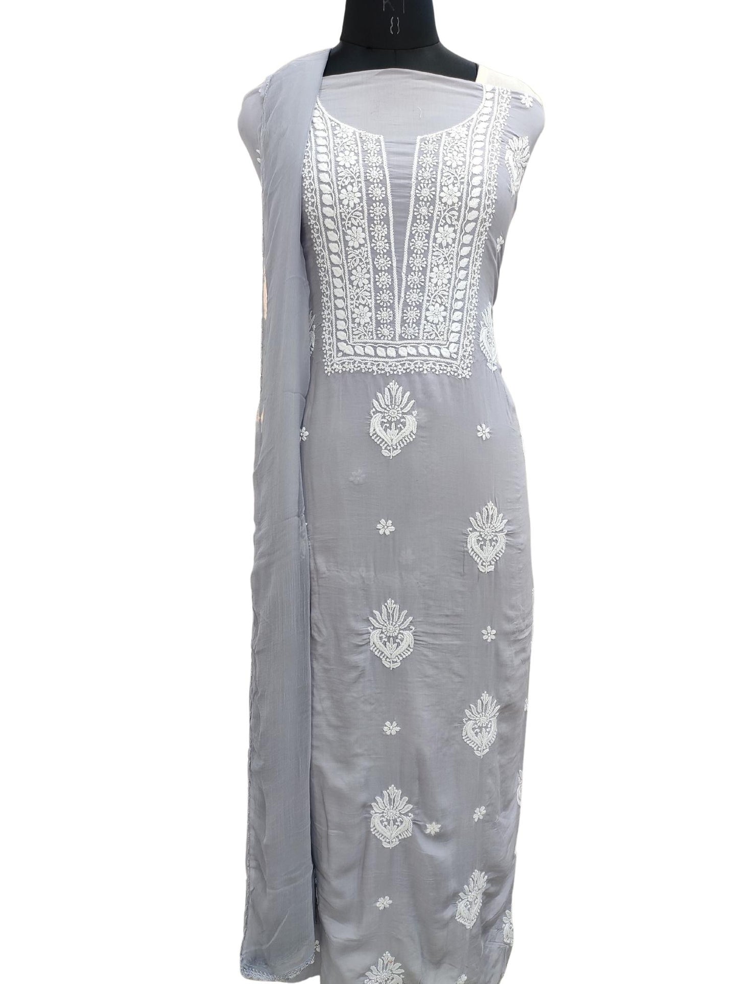 Shyamal Chikan Hand Embroidered Grey Modal Lucknowi Chikankari Unstitched Suit Piece ( Kurta Dupatta Set ) - S18136