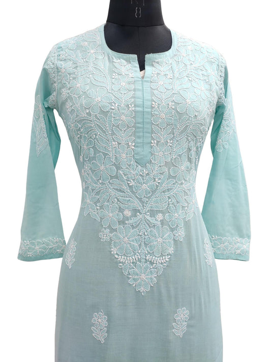 Shyamal Chikan Hand Embroidered Blue Cotton Lucknowi Chikankari Kurti S18069