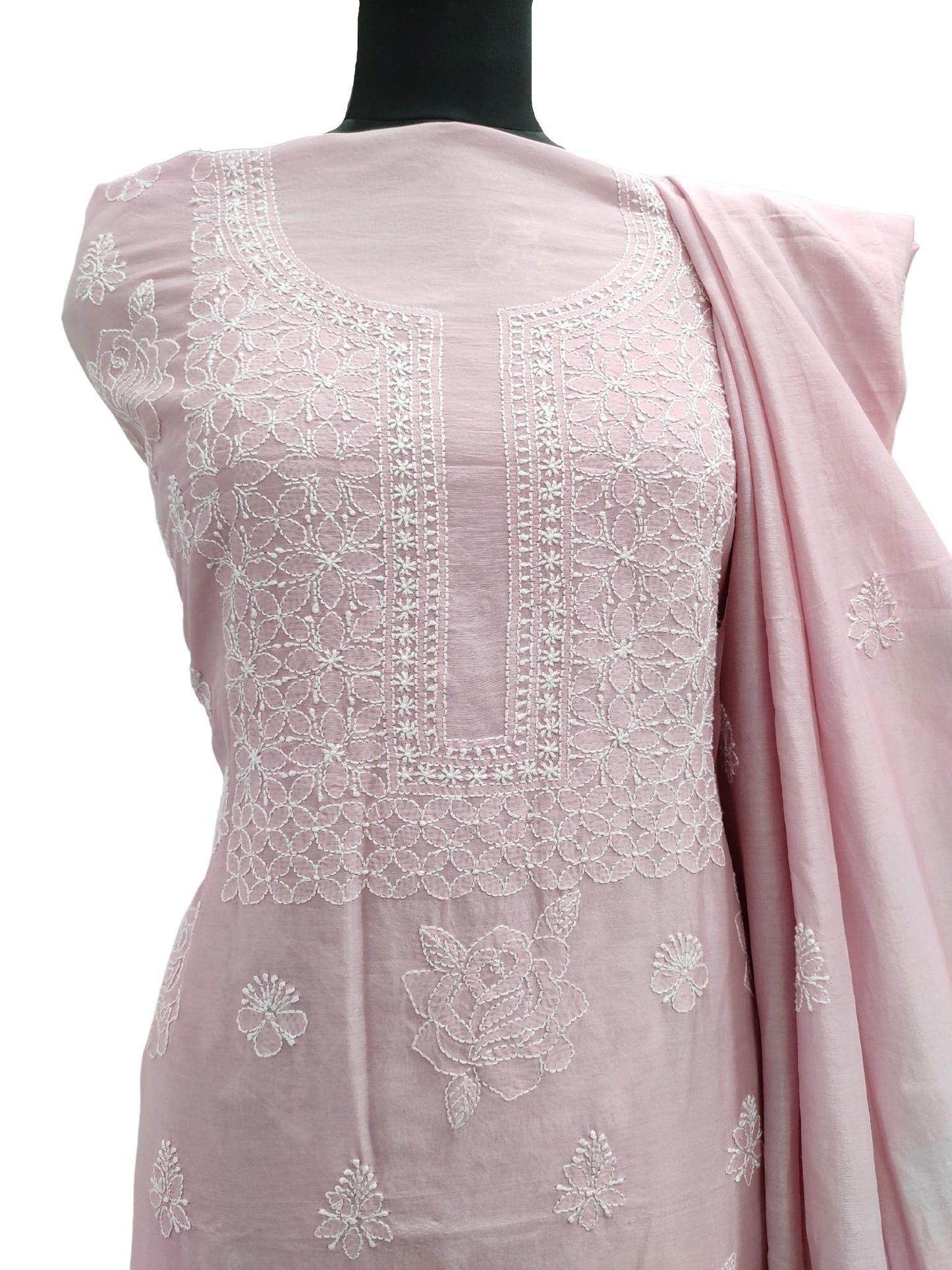 Shyamal Chikan Hand Embroidered Onion Pink Pure Chanderi Silk Lucknowi Chikankari Unstitched Suit Piece ( Kurta Dupatta Set ) - S16057