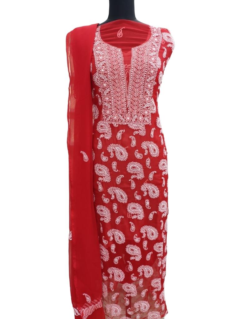 Shyamal Chikan Hand Embroidered Red Georgette Lucknowi Chikankari Unstitched Suit Piece - S14363