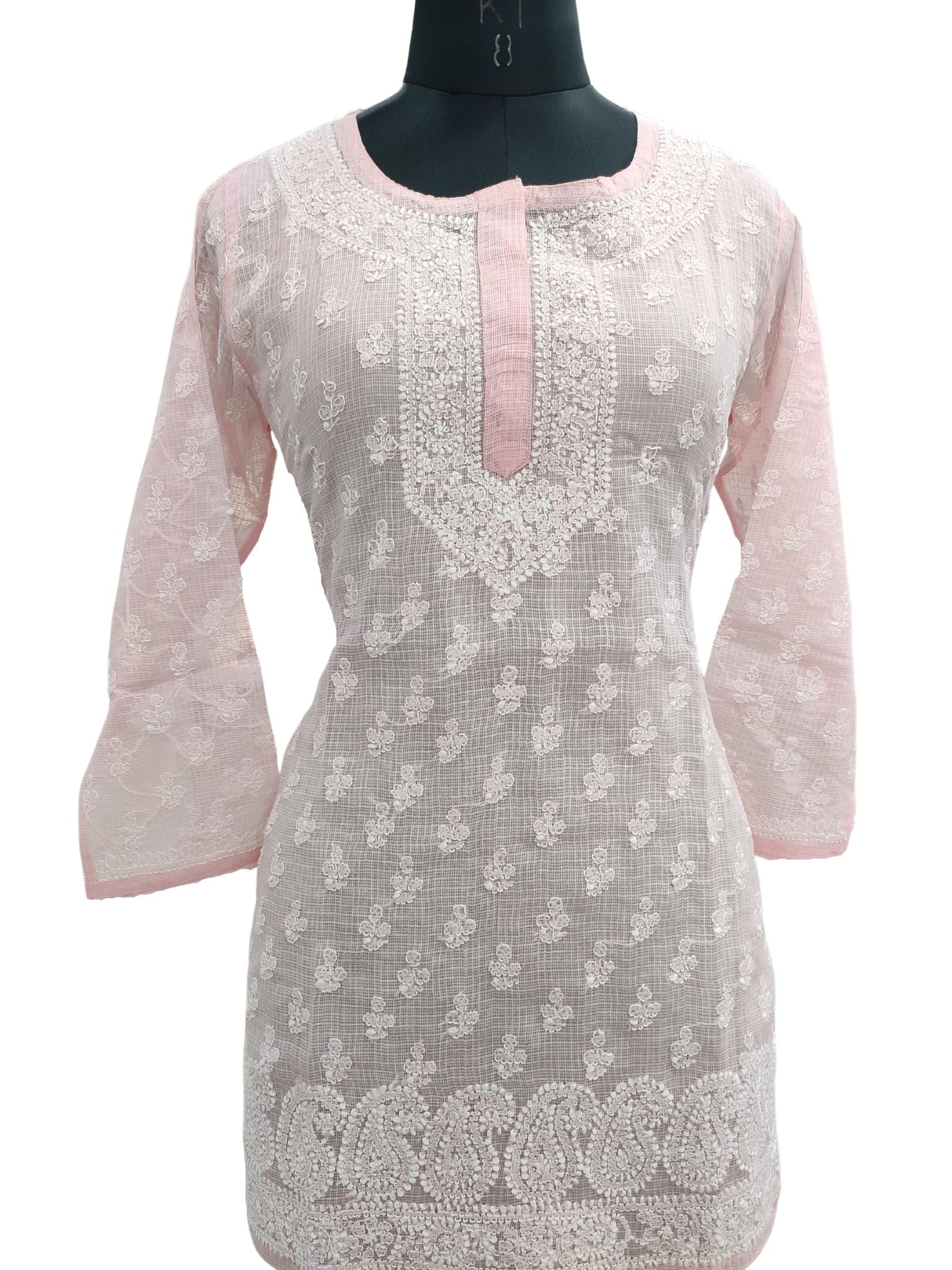 Shyamal Chikan Hand Embroidered Pink Kota Doria All-Over Lucknowi Chikankari Short Top - S16885