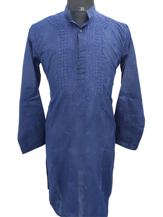 ShyamaChikan Hand Embroidered Navy Blue Cotton Lucknowi Chikankari Men's Kurta –S18476