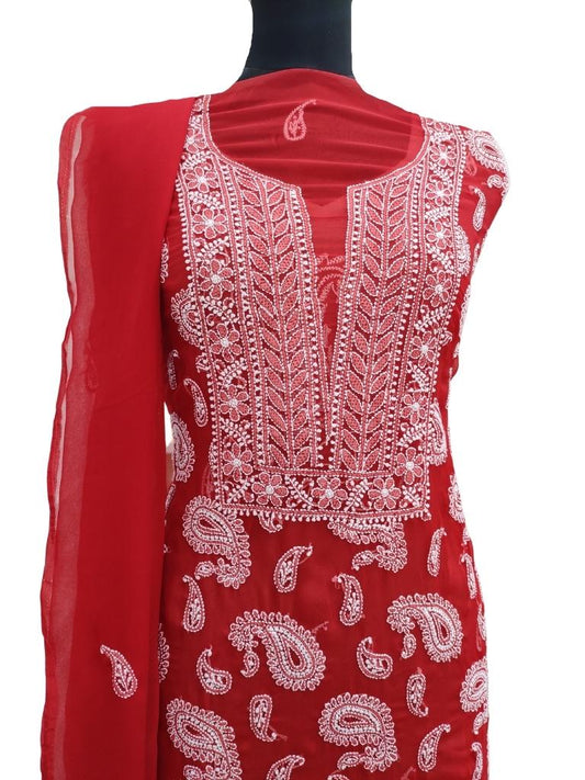 Shyamal Chikan Hand Embroidered Red Georgette Lucknowi Chikankari Unstitched Suit Piece - S14363