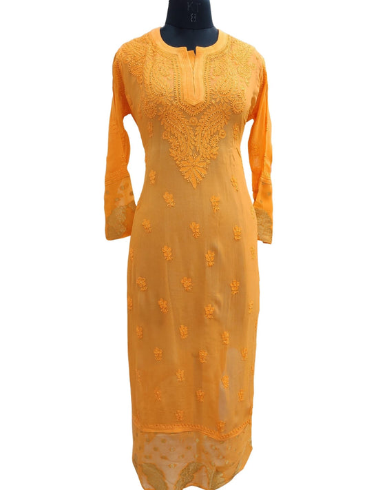 Shyamal Chikan Hand Embroidered Orange Viscose Georette Lucknowi Chikankari Kurti- S434