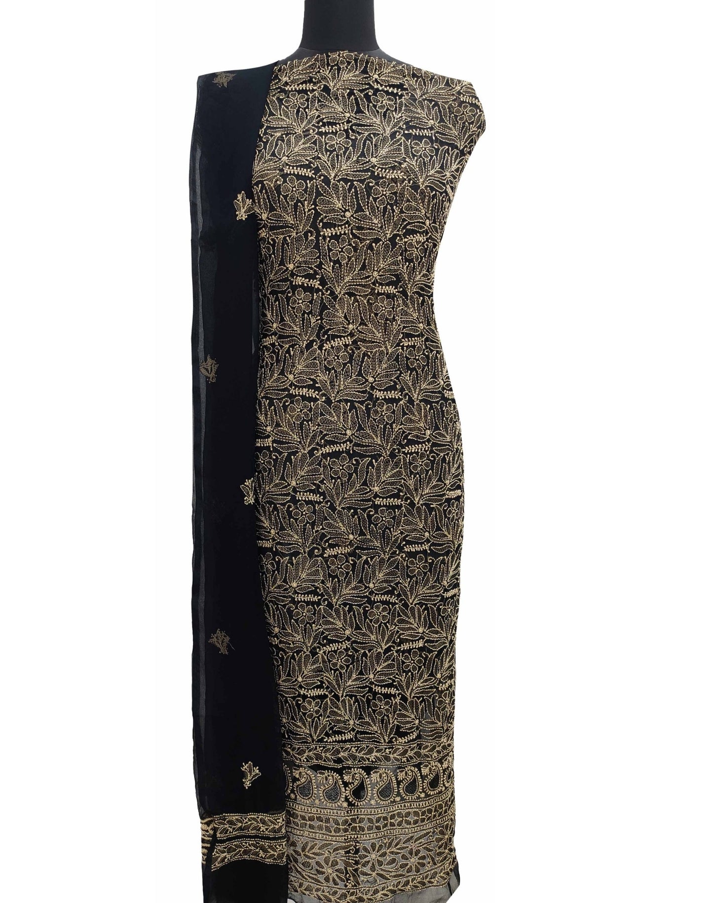 Shyamal Chikan Hand Embroidered Black Georgette Lucknowi Chikankari Unstitched Suit Piece - S11367