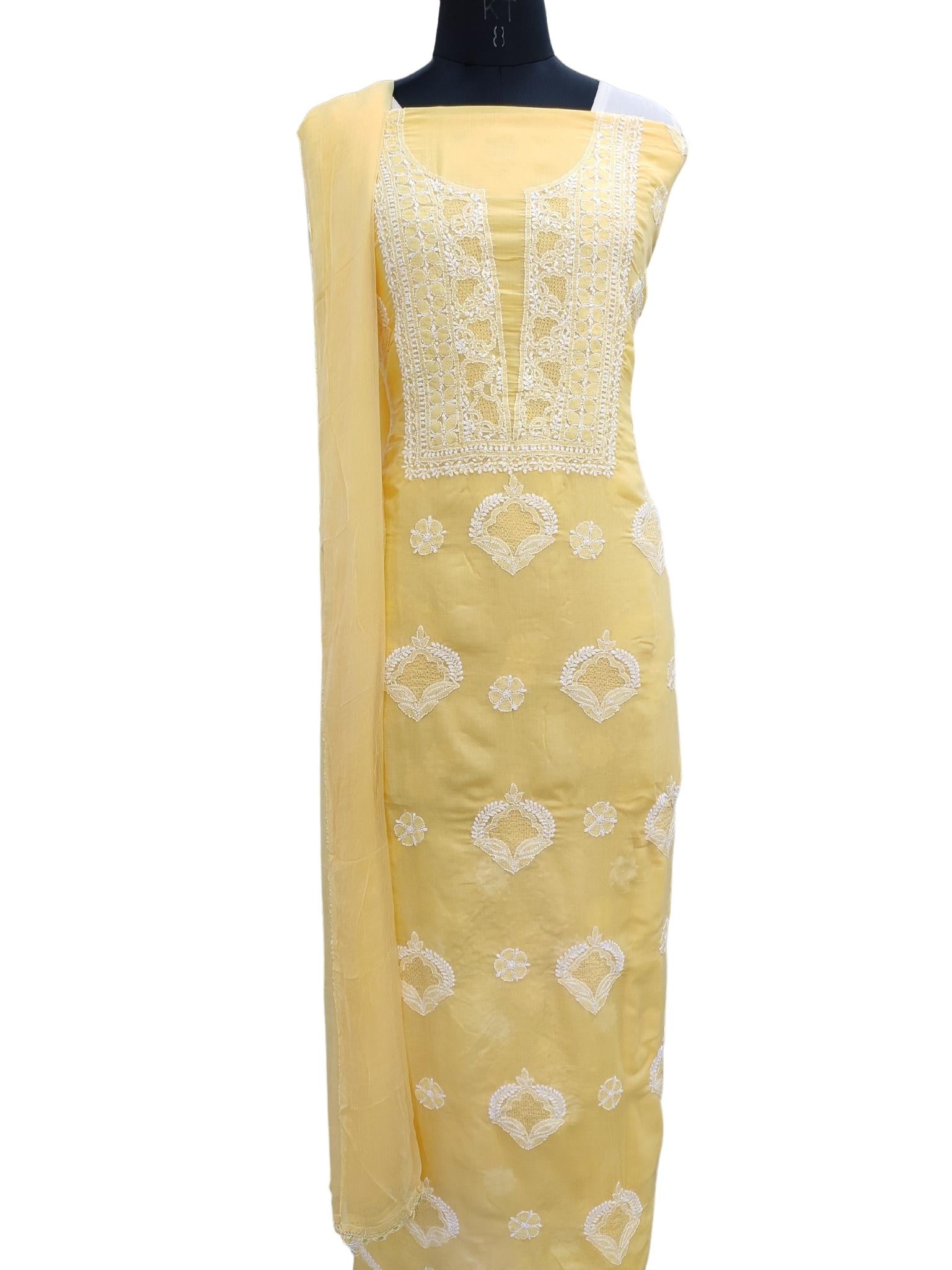 Shyamal Chikan Hand Embroidered Yellow Cotton All-Over Lucknowi Chikankari Unstitched Suit Piece With Jaali Work - S18216