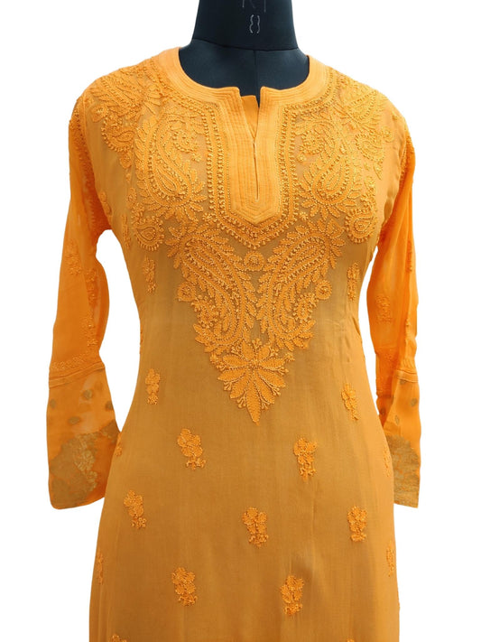 Shyamal Chikan Hand Embroidered Orange Viscose Georette Lucknowi Chikankari Kurti- S434