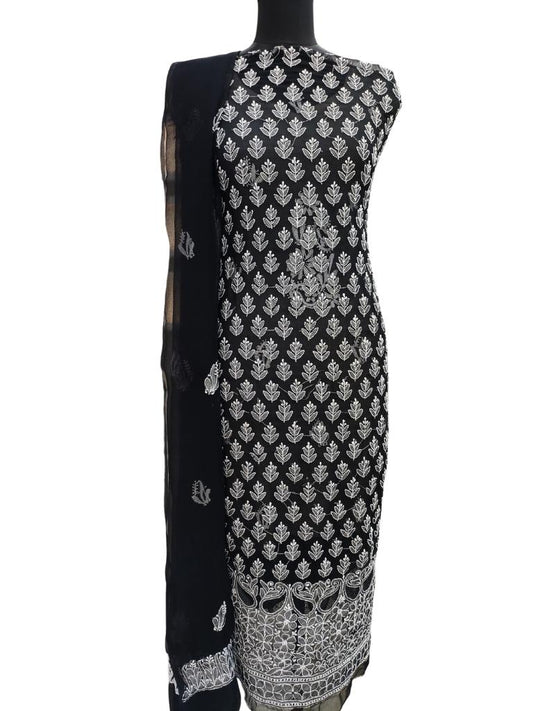 Shyamal Chikan Hand Embroidered Black Georgette Lucknowi Chikankari Unstitched Suit Piece - S14857